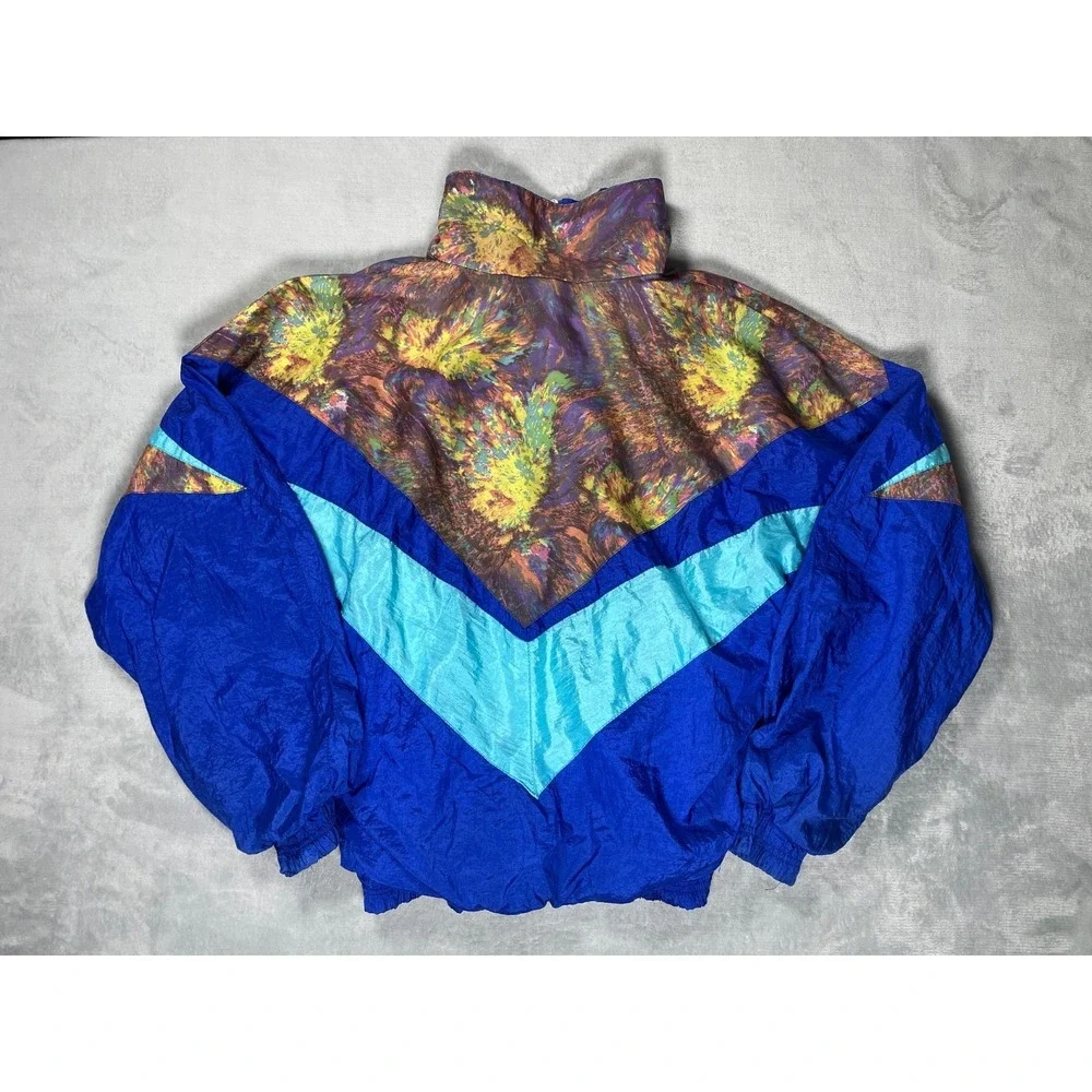 Vintage 90s Windbreaker Jacket Mens L Blue Colorblock Abstract Full Zip Nylon